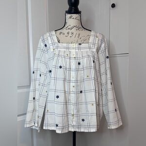 Madewell White Blouse with Navy and Yellow Embroidery